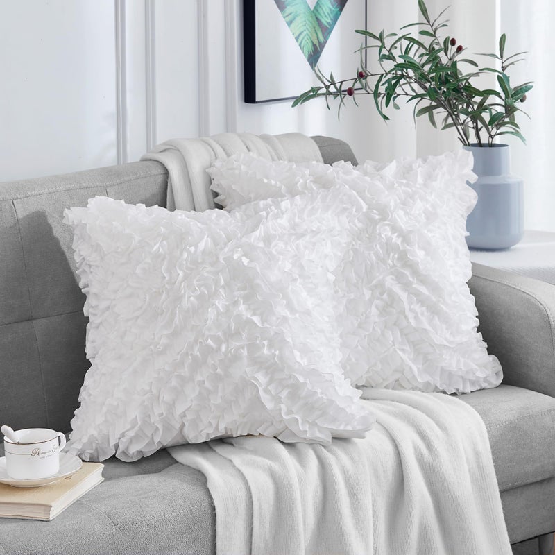 Leeden Throw Pillow Covers (Set of 2), 3D Design Handmade Cute Ruffles Pillowcase, Christmas Decorative Cushion Cover for Sofa Couch Bedroom Living Room, 22 x 22 inch, White - Image 1